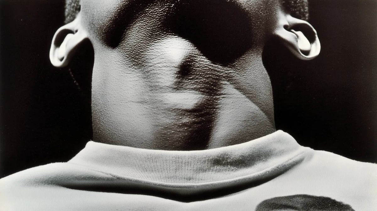 Black and white close-up of a neck and the neckline of a T-shirt